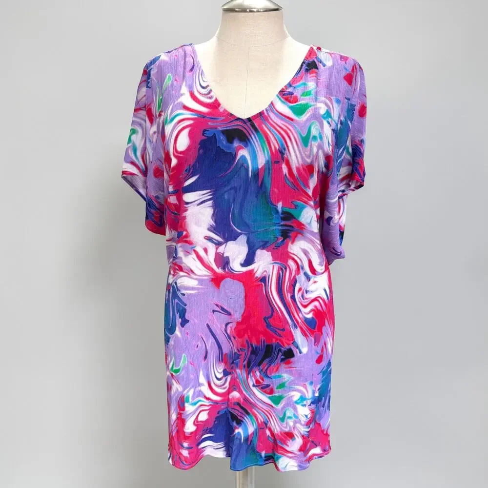 Torrid Size 3 (3X 22/24) Gauze Swim Cover Up‎ Beach Dress V-Neck Abstract Print